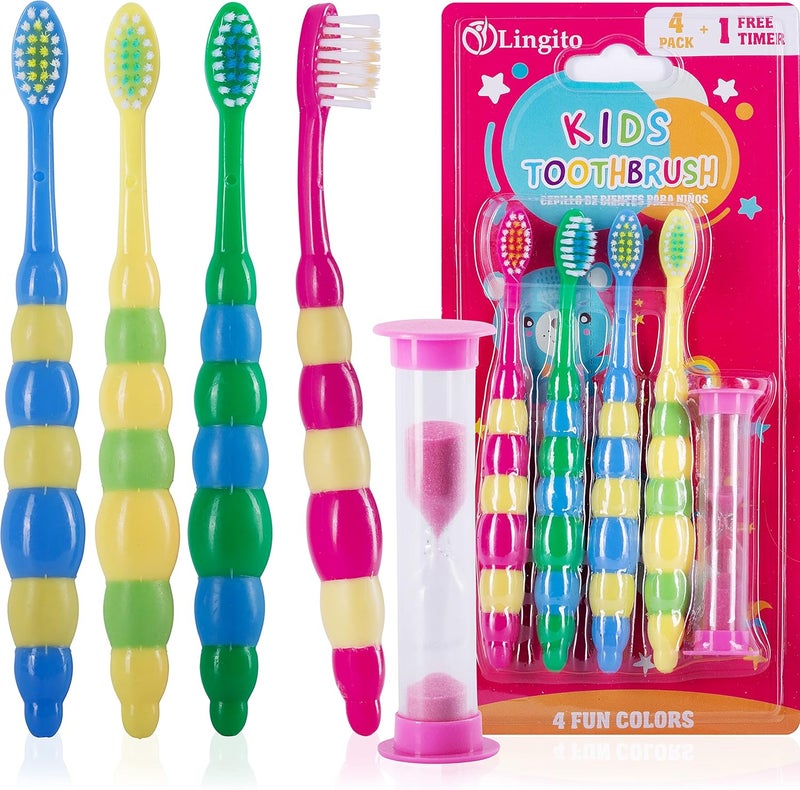 Lingito Kids Toddler Toothbrush Pack - Soft Toothbrush for Tiny Hands Boys & Girls (2-4 Years) - 4 Pack With Timer - Image 1